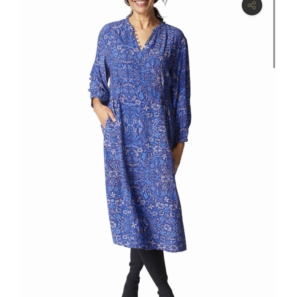 Habitat Off The Wine Romance Midi Dress Blue Floral 3/4 Sleeves Modest Relaxed